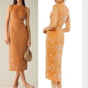 Mac Duggal Dress Beaded Abstract Sheath Midi in Orange 70264